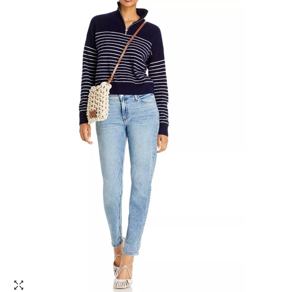 Luxurious 100% Cashmere Stripe Quarter Zip Sweater in Navy / White - Picture 6 of 6